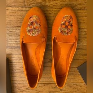 Alexander McQueen Skull-Vamp Suede Belgian Loafer, Orange - size 6